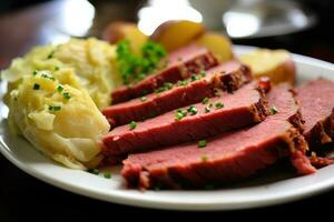 Corned beef is served with mashed potatoes. Generative AI photo