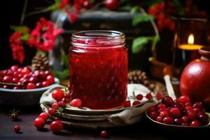 Tasty lingonberry jam. Generative AI photo
