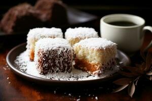 Lamingtons, sponge cake with chocolate and coconut. Generative AI photo