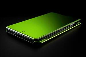 A sleek, modern smartphone, illuminated with green light. Generative AI photo