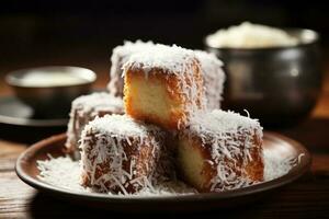 Lamingtons, sponge cake with chocolate and coconut. Generative AI photo