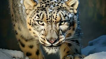 Front view of a fierce snow leopard. Generative AI photo