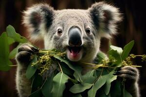 Koala is eating eucalyptus leaves. Generative AI photo