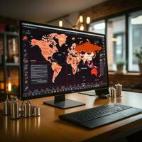 Location identifier icon on laptop with information network on a map and a button with icons with data. Generative AI photo