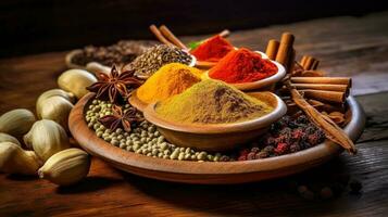 Spices and herbs banner background. Variety of spices. Generative AI photo