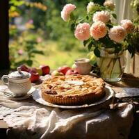 Freshly baked Apple Pie on a rustic table. Generative AI photo