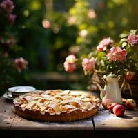 Freshly baked Apple Pie on a rustic table. Generative AI photo