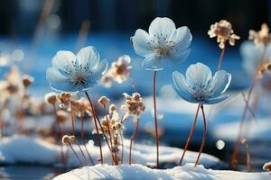 invierno paisaje con escarchado hielo flores, nieve, y cristales generativo ai foto