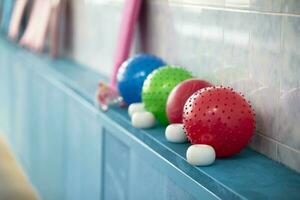 Rubber multicolored balls with pimples for sports. photo