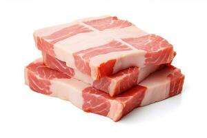 A few slices of raw pork belly, uncooked and ready for preparation, a versatile and delicious cut of meat, isolated on a white background photo