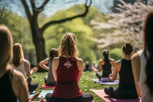 Candid photo of group of women practicing yoga together in Central Park, promoting wellness and connection