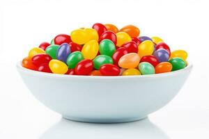 Bowl of colorful jellybeans isolated on a white background, assorted flavors and vibrant hues, a fun and tasty treat for parties or snacking photo