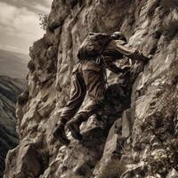 close up of A climber scaling a steep mountain photo