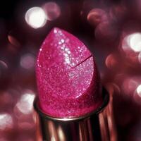 image of woman's lips pink colour glitter lacquer lipstick photo