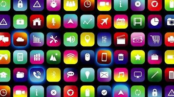 multimídia tela exibição mostrando uma coleção do colorida apps ícones fundo video