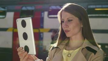 jovem confiante mulher usando Móvel tábua dispositivo em o negócio viagem video