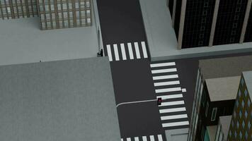 3d animación de un coche es conducción abajo un ciudad calle Entre edificios bloques video