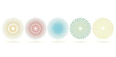vector illustration Set of abstract colorful halftone circles or sunburst spreding design elements isolated on white backgrounds for Layouts, collages, scene designs, User interface designs, decks