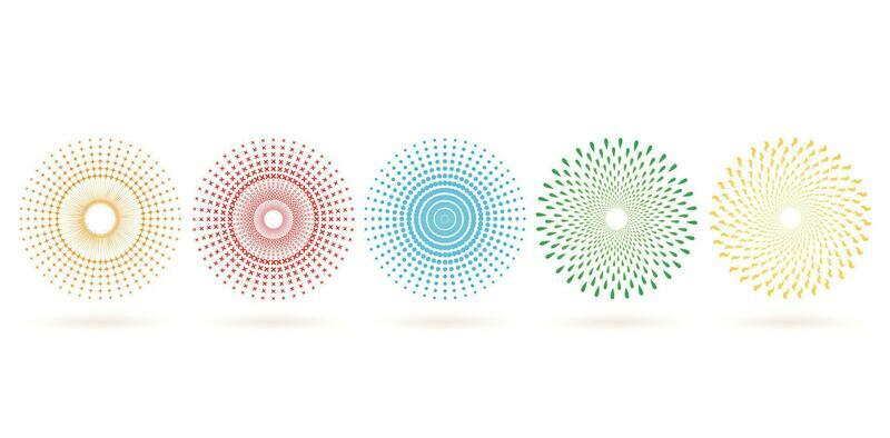 vector illustration Set of abstract colorful halftone circles or sunburst spreding design elements isolated on white backgrounds for Layouts, collages, scene designs, User interface designs, decks