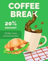 Banner with splashing white cup of coffee and croissant. vector