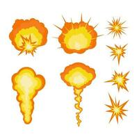 Explosion flash cartoon illustration, mushroom after explosion burning sparks. Vector isolated objects