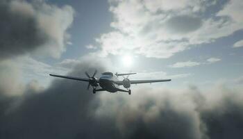 volador comercial avión tomando apagado medio aire con dramático cielo fondo generado por ai foto
