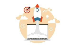 start up illustration flat design with launch rocket from laptop vector