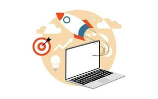 start up illustration flat design with launch rocket from laptop vector