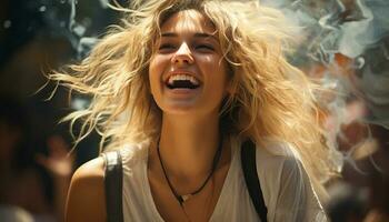 hermosa joven mujer disfrutando despreocupado verano con con dientes sonrisa generado por ai foto