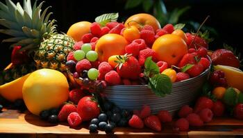 verano Fruta cuenco maduro, fresco, orgánico bayas y agrios variación generado por ai foto