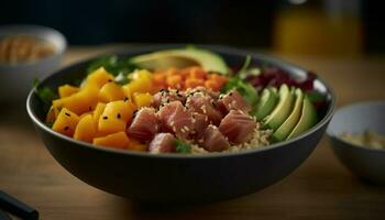 Fresh gourmet meal  healthy salad, meat, and fruit on plate generated by AI photo