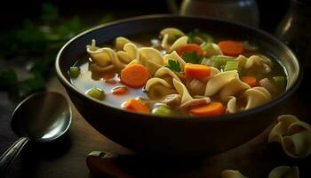 Healthy vegetarian soup with fresh vegetables in rustic homemade bowl generated by AI photo
