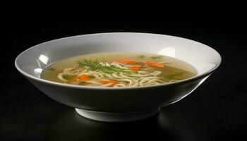 Healthy homemade vegetable noodle soup in rustic crockery bowl generated by AI photo