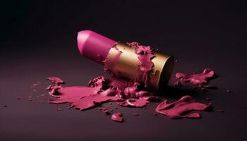Shiny pink lipstick spilling, crushed eyeshadow, beauty merchandise still life generated by AI photo