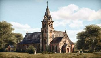 Medieval chapel with Gothic spire, built for spirituality and worship generated by AI photo