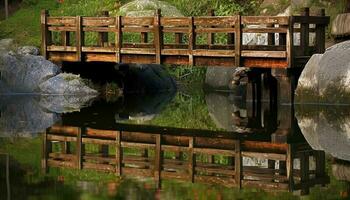 Tranquil scene of reflection on water, bridge over forest pond generated by AI photo
