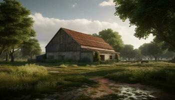 Rustic farm landscape with old barn and tree in meadow generated by AI photo