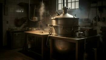 Antique stove heats old fashioned kitchen with metal cooking equipment generated by AI photo