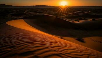 puesta de sol terminado majestuoso arena dunas en árido África extremo terreno generado por ai foto