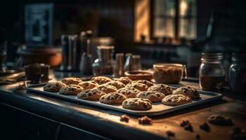 Homemade chocolate chip cookies baked in rustic kitchen indoors generated by AI photo