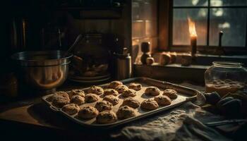 Freshly baked homemade chocolate chip cookies on rustic wooden table generated by AI photo