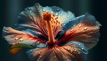 vibrante hibisco florecer en tropical clima, adornado con gota de agua Rocío generado por ai foto