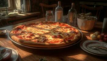 recién horneado Pizza en rústico de madera mesa, coronado con queso Mozzarella generado por ai foto
