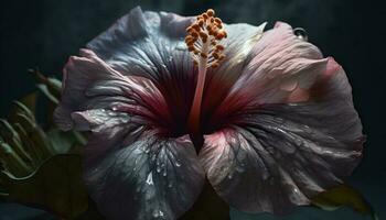 vibrante hibisco florecer en tropical clima, mojado con Rocío gotas generado por ai foto