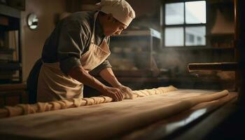 Craftsperson kneading homemade dough, preparing food in domestic kitchen industry generated by AI photo