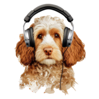 watercolor cockapoo dog wearing headphones . AI Generated png