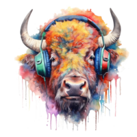 watercolor bison wearing headphones . AI Generated png