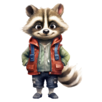 watercolour racoon dressed in clothes . AI Generated png