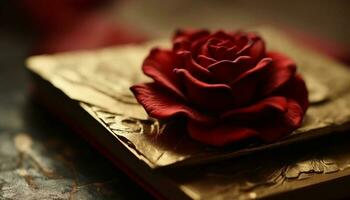 romántico regalo de literatura y flores en antiguo mesa adentro generado por ai foto