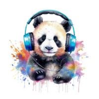 aquarelle Panda portant écouteurs . ai généré png